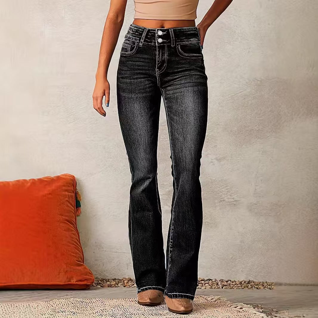 T588-1179  Wide leg slightly flared high waisted jeans
