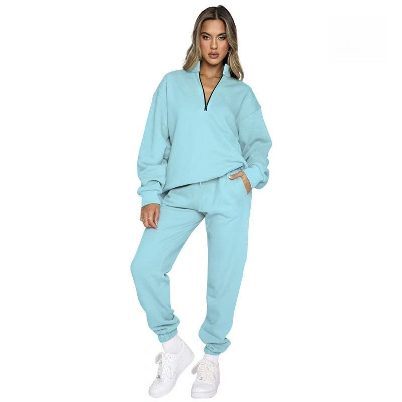 T588-812  Stand up collar pullover solid color hoodie set long sleeved