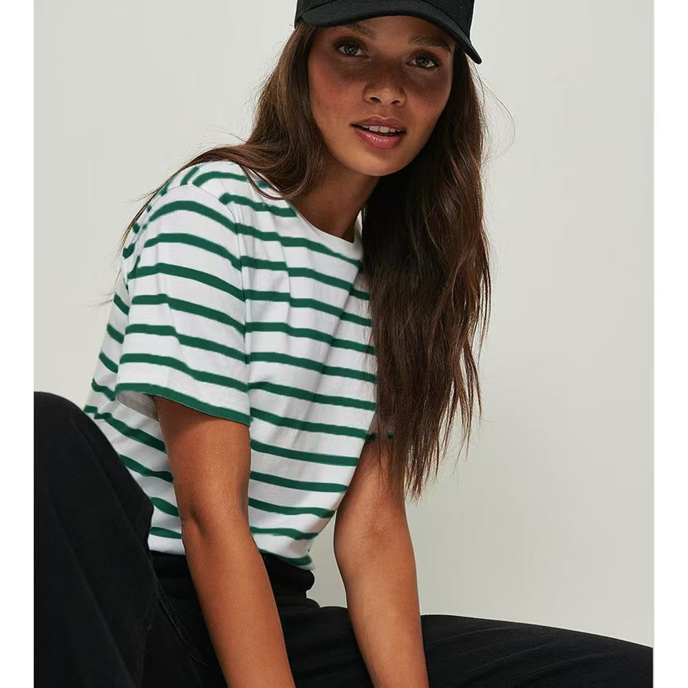 T588-1085 Round neck striped short sleeved summer new fashion versatile casual