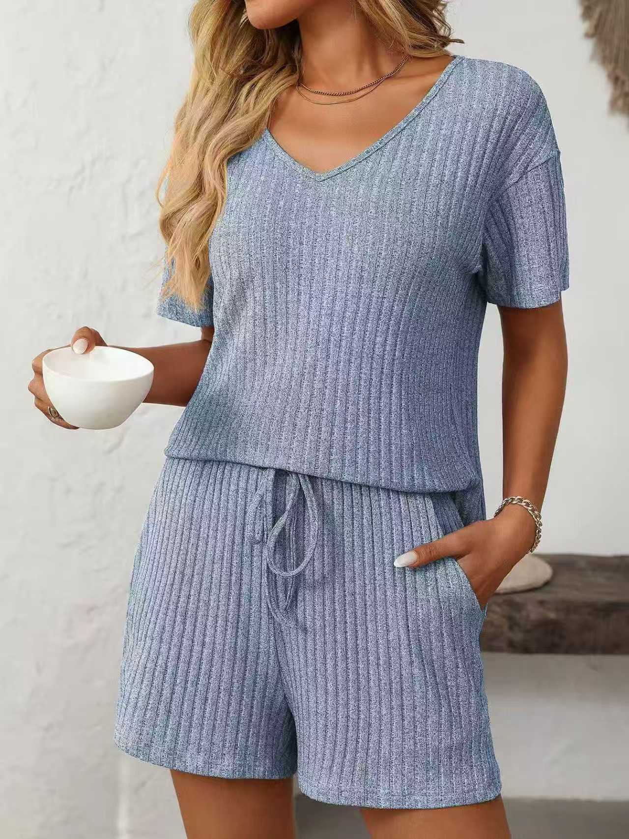 T588-913 Women's Summer Solid Color Short Sleeve Set