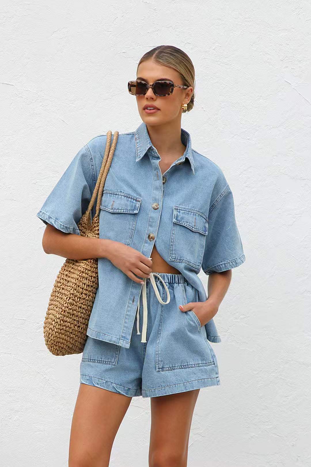 T588-184   Casual loose pocket short sleeved shirt shorts set